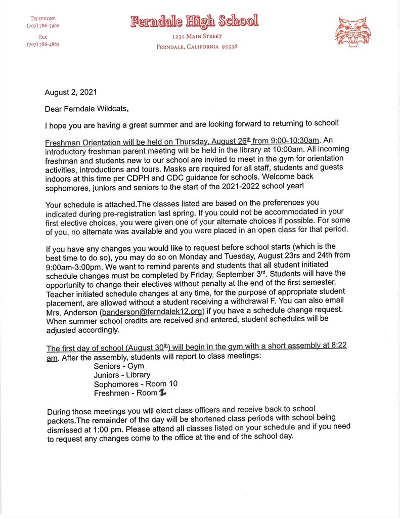 Welcome Back Letter page 1